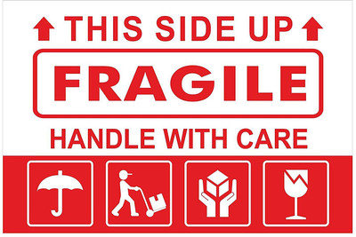 BlackDreams 7 cm Fragile Handle with Care Sticker/Label with Logo (3x2 inch (100 Stickers) Self Adhesive Sticker(Pack of 100)