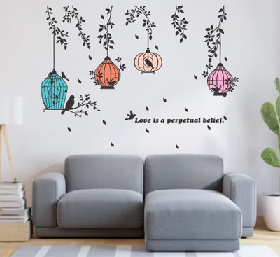 MEHMETDECOR 121 cm Branch cages and birds Wall Stickers & Murals Size - 121x83cm Self Adhesive Sticker(Pack of 1)