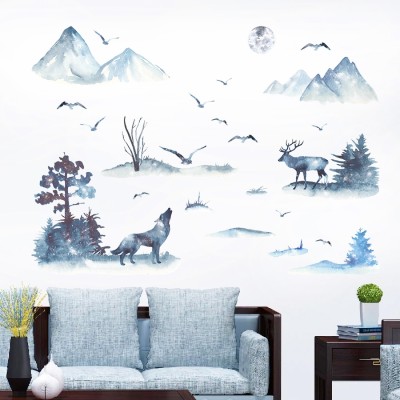 Flipkart SmartBuy 90 cm Ink Mountain Forest Wolf Deer Birds Kids Home Décor WallSticker (60 CM X 90 CM) Self Adhesive Sticker(Pack of 1)