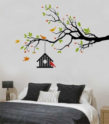 rawpockets 1 cm Heart-in Flower Tree with Bird Cage' Wall Decal Self Adhesive Sticker(Pack of 1)