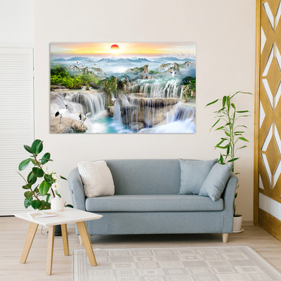 Bnezz 100 cm Wallpaper For Walls Sunrise Waterfall-2Pc Wall Stickers For Bedroom Wall Posters Self Adhesive Sticker(Pack of 2)