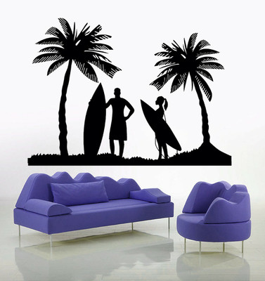 walkart 2.54 cm beach with coconut trees and pair with boat in your living room Removable Sticker(Pack of 1)