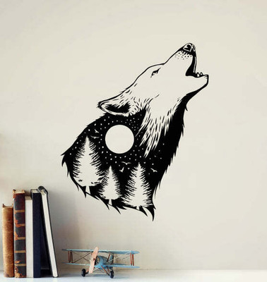 SnappyVinyl 27 cm Abstract Howling Wolf Head Night Moon Self Adhesive Sticker(Pack of 1)