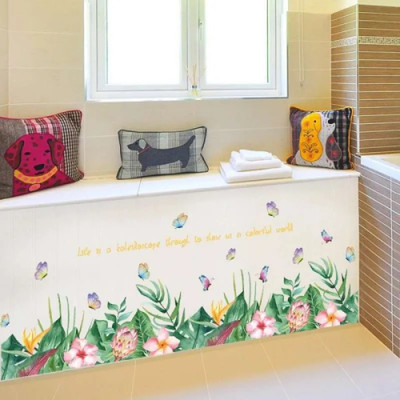 SmartWindow 50 cm Pink Flower Tropical Leaves Wall Sticker for Home Decor (50CM x 70CM) Self Adhesive Sticker(Pack of 1)