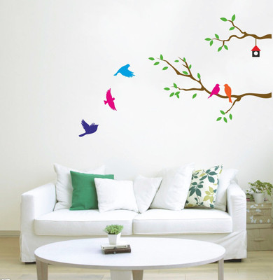 rawpockets 70 cm Colourful Birds On a Tree Branch With Cage Nest Self Adhesive Sticker(Pack of 1)