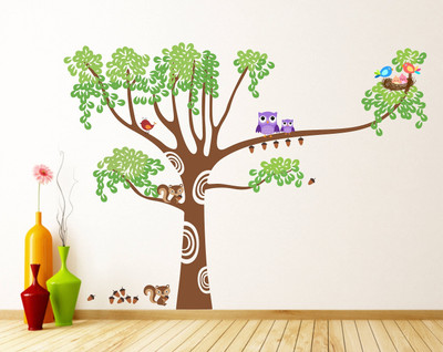 MIIKOR 115 cm Tree & Birds | Non-Reusable Stickers Self Adhesive Sticker(Pack of 1)