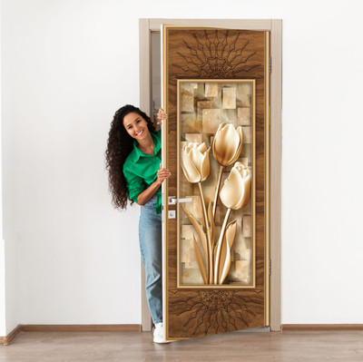 We Kreate 213 cm 3D Embossed Golden Flower Door wallpaper Self Adhesive Sticker(Pack of 1)