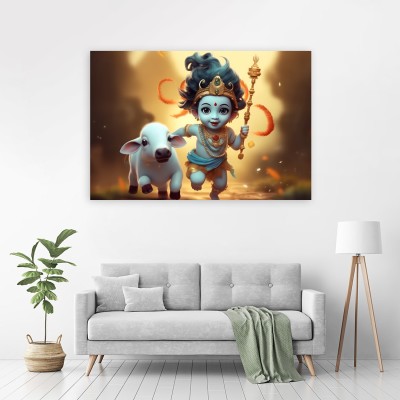 Zrintly 91 cm Baby Krishna Runing His Cow (Posters-90cm X 60cm) Self Adhesive Sticker(Pack of 1)