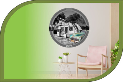 Vijaya enterprises 18 inch Old hut and old car wall poster size (18x18 inch) Self Adhesive Sticker(Pack of 1)