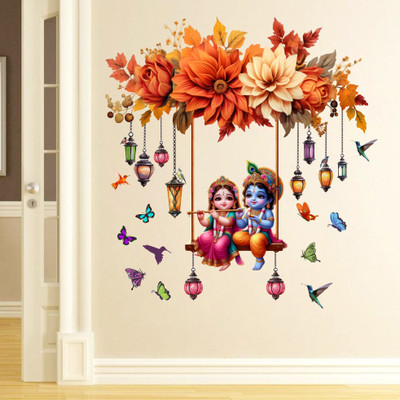 Krishna Sticker 65 cm Radha Krishna Seing Wall Sticker For Living Room Bedroom Kids room Self Adhesive Sticker(Pack of 1)