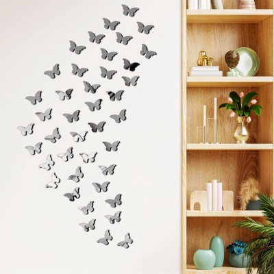 HAPPINY 6 cm Cut Butterflies Silver, Mirror Stickers for Wall, 3D Acrylic Mirror Wall Décor Self Adhesive Sticker(Pack of 40)