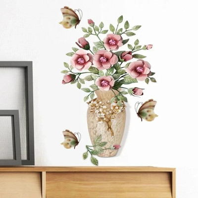 JAAMSO ROYALS 60 cm 3D Pink Flower Arranging and Vase Wall Sticker ( 45 CM x 60 CM) Self Adhesive Sticker(Pack of 1)