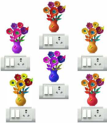 DivineDesigns 20 cm Colorful Vase Pots with Flowers Self Adhesive Sticker(Pack of 6)