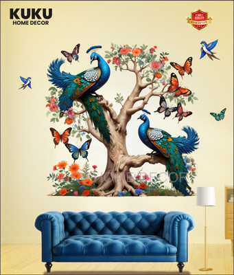 KUKU HOME DÉCOR 23 inch PEACOCK STIING ON TREE BRANCHES Self Adhesive Sticker(Pack of 1)