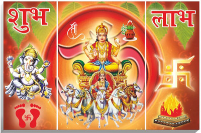 voorkoms 18 inch Surya Dev And Lord Ganesha Wall Art Shubh Labh Religious Hindu Wall Frame Self Adhesive Sticker(Pack of 1)
