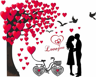 SNDArt 96 cm Romantic Couple Under The Heart Leaves Tree and Love Quote with Bicycle Self Adhesive Sticker(Pack of 1)