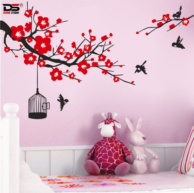 wildartcreation 45 cm latest Red Flower and bird , cages colorfull Wall Sticker Size :- 75X45 cm Self Adhesive Sticker(Pack of 1)