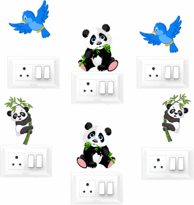 Happy Customise 28 cm Panda With Birds Wall Sticker & Switch Board Sticker Set Self Adhesive Sticker(Pack of 6)