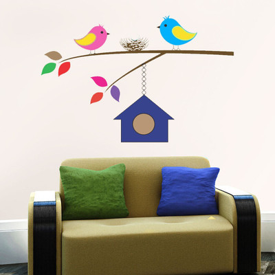 walkart 2.54 cm colourful birds in the branch with nest Removable Sticker(Pack of 1)