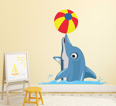 WALLDECORS 60.96 cm DOLPHIN PLAYING WITH BALL IMAGE / WALL STICKER Self Adhesive Sticker(Pack of 1)