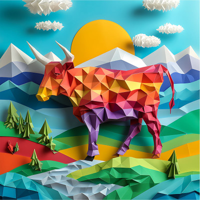 SoFFXia 18 inch Cow_highland_Origami Animal 3D Decorative Wall Sticker for Living Room Self Adhesive Sticker(Pack of 1)