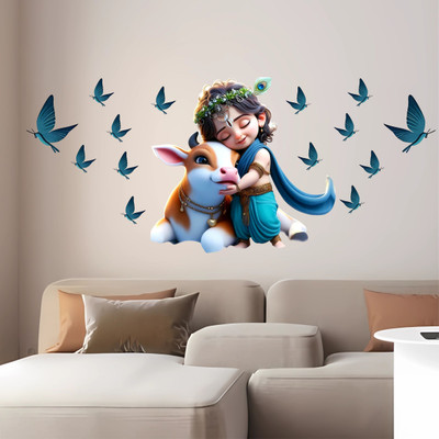 ArtfulDecals 60 cm Beautiful Krishna With Butterfly Divine Art Self Adhesive Sticker(Pack of 1)