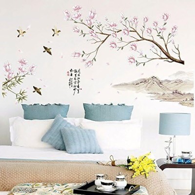 JAAMSO ROYALS 60 cm Pink Flowers On The Tree DesignPeel & Stick Wall Sticker For Home Decoration Self Adhesive Sticker(Pack of 1)