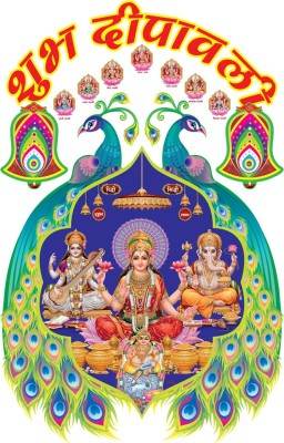 god & god's 41 cm Laxmi Ganesh & Saraswati Ji with Peacocks Self Adhesive Sticker(Pack of 1)