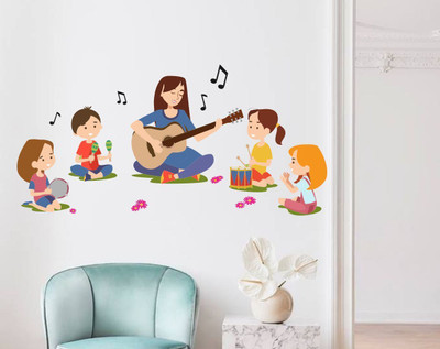 VCREATE DECOR 58 cm Girl Sing with Childers Wall Sticker & Decal Size -( 58 cm x 40 cm ) Self Adhesive Sticker(Pack of 1)