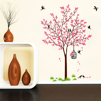 Divine studio 45 cm Beautifull Pink Tree with Birds and Nest Botanical Wall Stickers Self Adhesive Sticker(Pack of 1)
