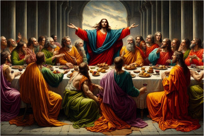 komstec 18 inch Jesus With Peoples Wall Poster For Home, Living Room Decor 18x12 Inches Self Adhesive Sticker(Pack of 1)