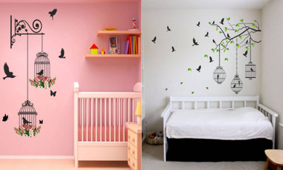 Walltech 90 cm Branches and Cages and Flying Bird with Cage Self Adhesive Sticker(Pack of 2)