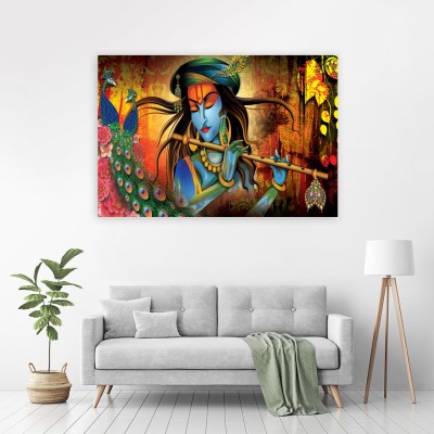 Zrintly 91 cm Lord Krishana With Peacock (Posters-90cm X 60cm) Self Adhesive Sticker(Pack of 1)