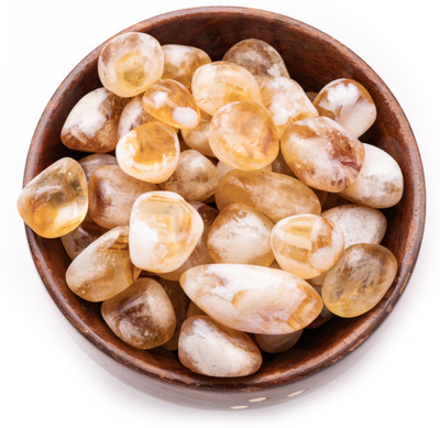Plus Value Citrine Tumbled Wooden Bowl Regular Asymmetrical Crystal, Quartz Pebbles(Yellow 300 g)