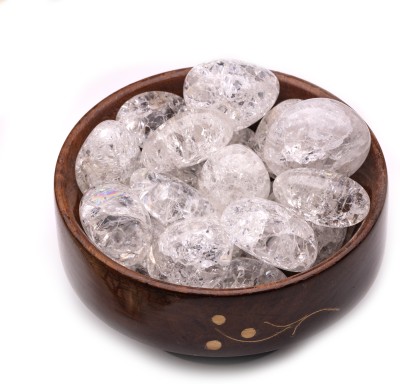 Plus Value Crackle Quartz Crystal or Crack Crystal Tumbled Stone 300gm Wooden Bowl Regular Asymmetrical Crystal, Quartz Pebbles(White 300 g)