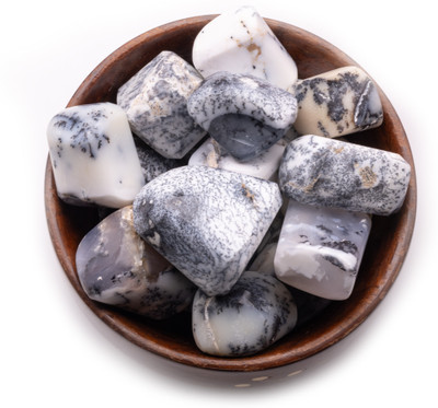 Plus Value Dendritic Opal Tumbled Wooden Bowl 300gm Regular Asymmetrical Crystal, Quartz Stone(Black, White 300 g)