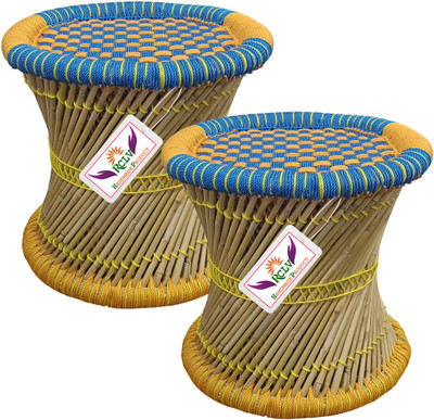 eXtend cReation Pure handmade Bamboo Stool Mudda/mudha/muddi Set of-2 Outdoor & Cafeteria Stool(Orange, Blue, Pre-assembled)