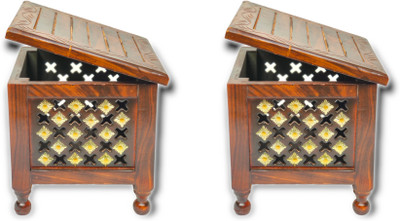 manzees Beautiful Square Shaped Wooden Stool with Storage | Living Room Stool Set of 2 Stool(Brown, Pre-assembled)