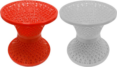 KUBER INDUSTRIES Mesh Design Both Sided Plastic Sitting Stool in Damroo Style- Pack of 2 Stool(Orange, White, Pre-assembled)