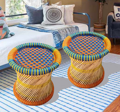 RCLV Pure handmade Bamboo Stool Mudda/muddi Set of-2 Outdoor & Cafeteria Stool(Orange, Blue, Pre-assembled)