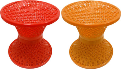 KUBER INDUSTRIES Mesh Design Both Sided Plastic Sitting Stool in Damroo Style- Pack of 2 Stool(Orange, Yellow, Pre-assembled)