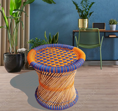 HANDMADE BTP Pure handmade bamboo stool/mudda/chair for sitting Outdoor & Cafeteria Stool(Blue, Orange, Beige, Pre-assembled)
