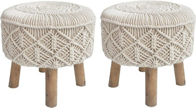 Macrame World Fabric Pouf(Finish Color - Ivory, Pre Assembled)
