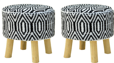 Macrame World Solid Wood Standard Ottoman(Finish Color - Multicolour Black & White, Pre Assembled)