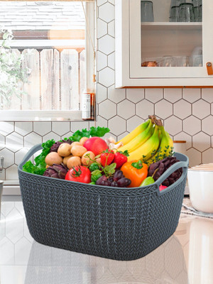 KUBER INDUSTRIES Plastic Q-5 Unbreakable Plastic Multipurpose Medium Size Flexible Storage Baskets/Fruit Vegetable Bathroom Stationary Home Basket with Handles (Grey) Storage Basket(Pack of 1)