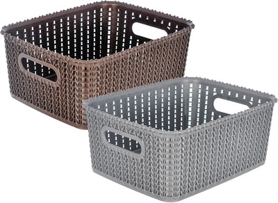 KUBER INDUSTRIES Plastic Multiuses Large M 20 Plastic Tray/Basket Without Lid- Pack of 2 (Grey & Brown) Storage Basket(Pack of 2)