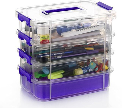 TEX-RO Plastic 4 Layer Transparent & Purple Color Multipurpose Stationary Organizer with Lid Storage Basket(Pack of 4)
