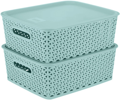 KOLORR Plastic Premium Elite Baskets Medium with 2 Lids - Mint Green Storage Basket(Pack of 2)