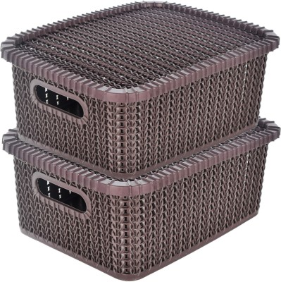 KUBER INDUSTRIES Plastic Multiuses Large M 20 Plastic Basket/Organizer With Lid- Pack of 2 (Brown) Storage Basket(Pack of 2)