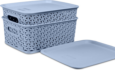 KOLORR Plastic Premium Elite Baskets Small with 2 Lids - Daiso Grey Storage Basket(Pack of 2)
